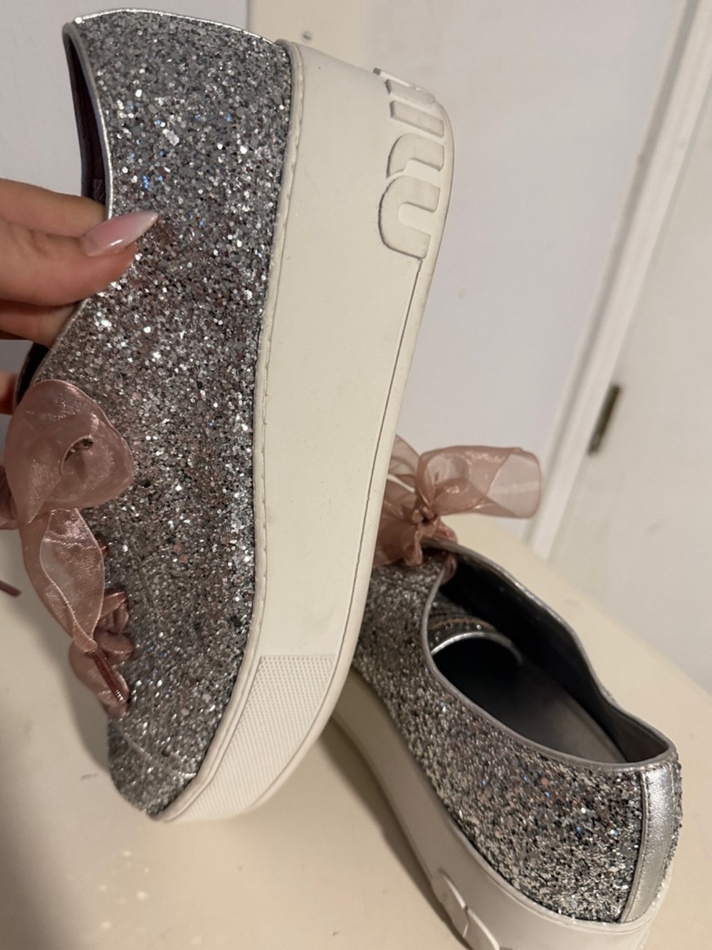 Miu Miu Silver Glitter Platform Sneakers with Pink Ribbon